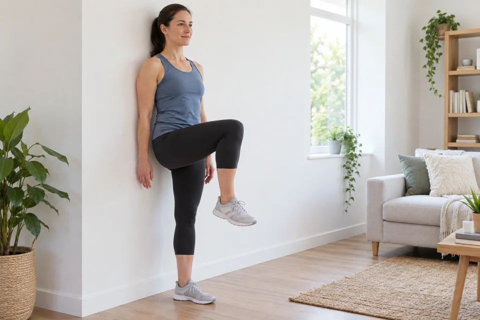 A woman lifting one knee while her back rests against the wall.