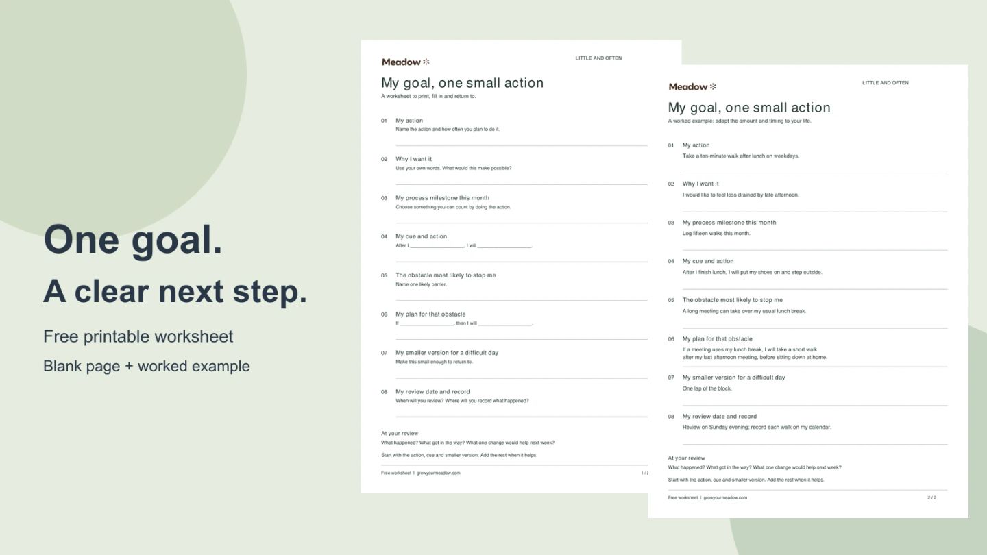 The free Meadow goal-setting worksheet, with a blank planning page and a worked walking example.