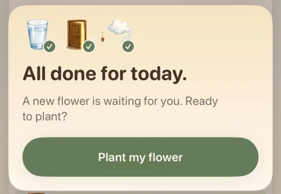 Meadow celebration card: All done for today, with a Plant my flower button