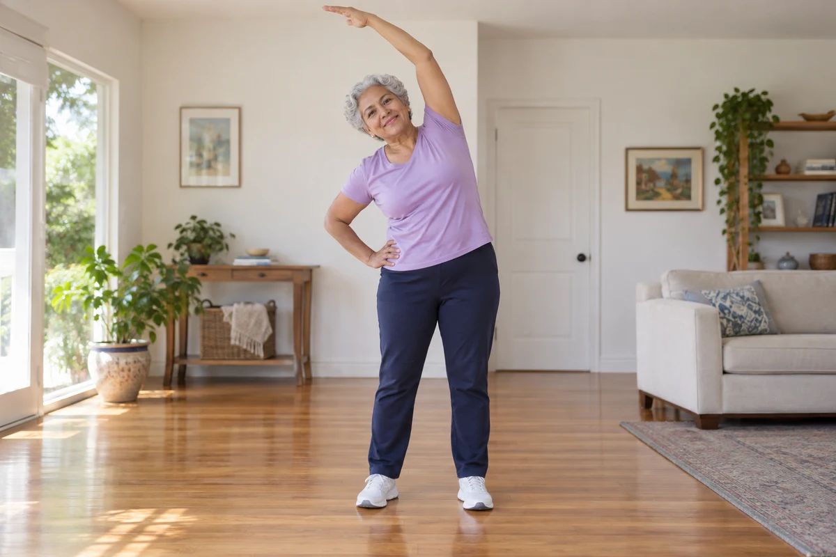 A woman reaches one arm overhead during a gentle standing side bend.