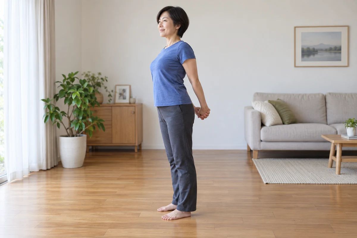 A standing woman gently opens her chest with her hands clasped behind her lower back.