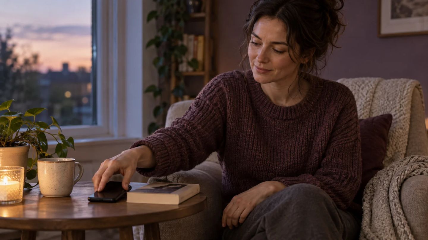 A woman places her phone face down beside a book at home.