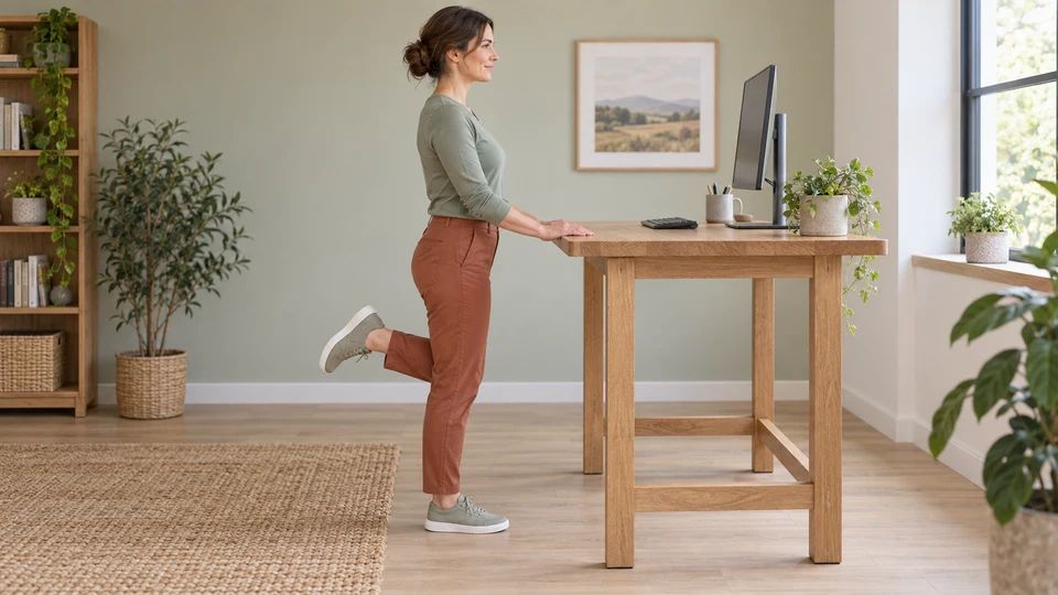 Bend one knee to lift the heel behind you, then lower it slowly.