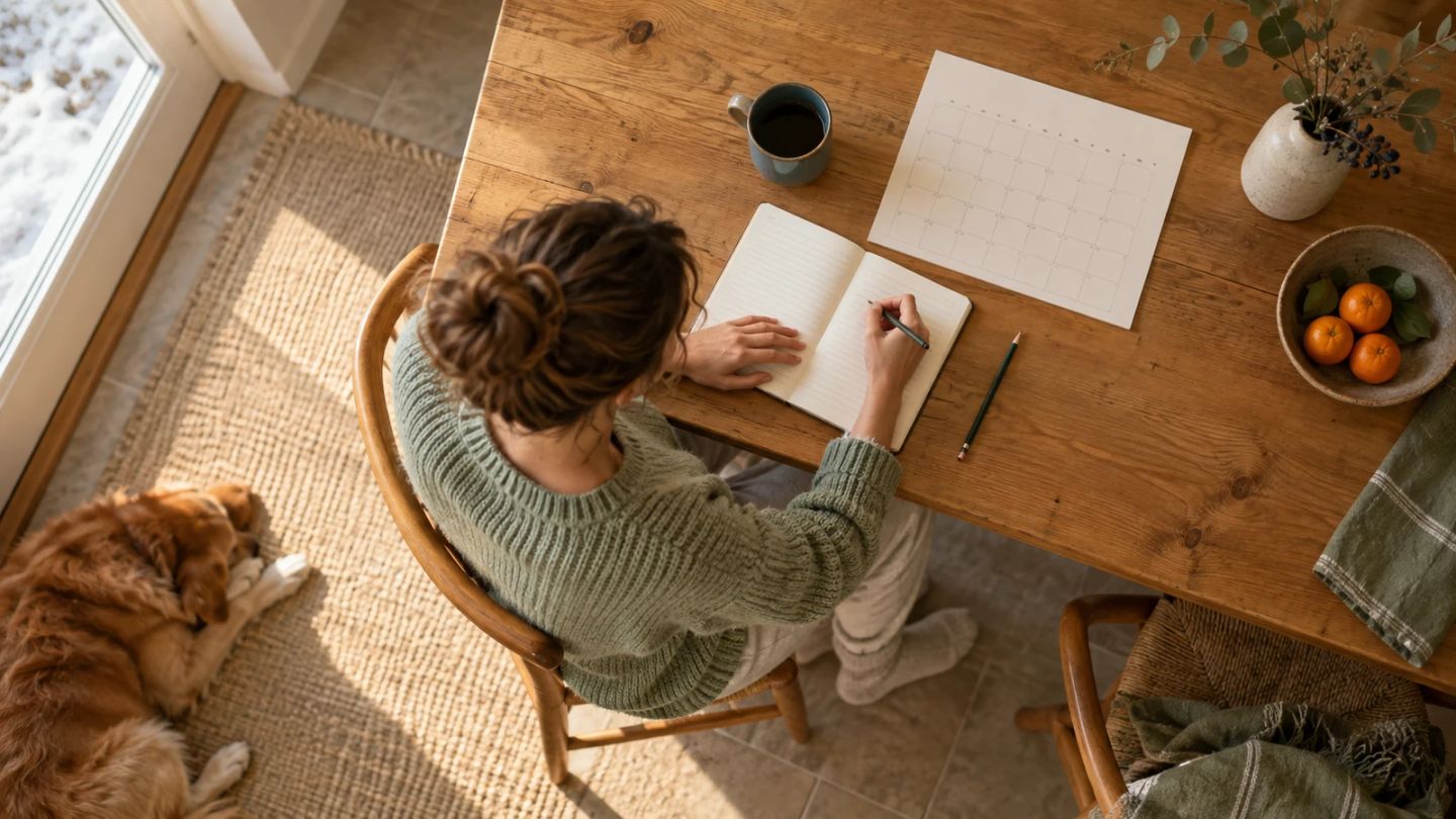 A notebook and blank calendar ready for planning one small habit.