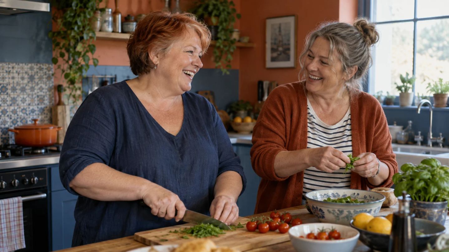 Two friends prepare a meal together in a kitchen.