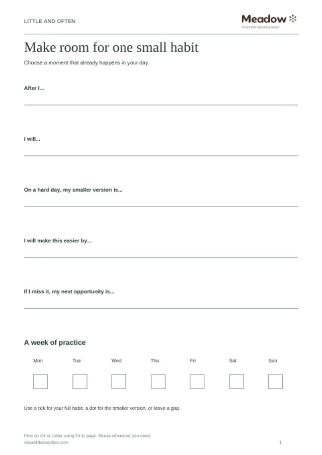 First page of Small habit planner