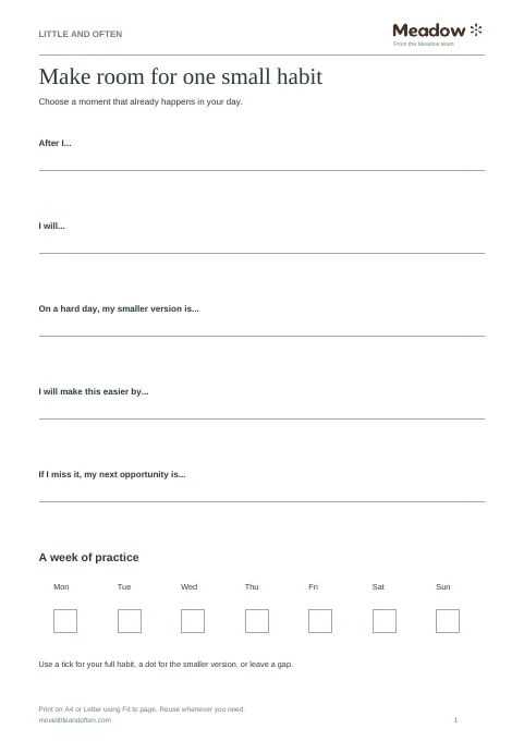 First page of Small habit planner