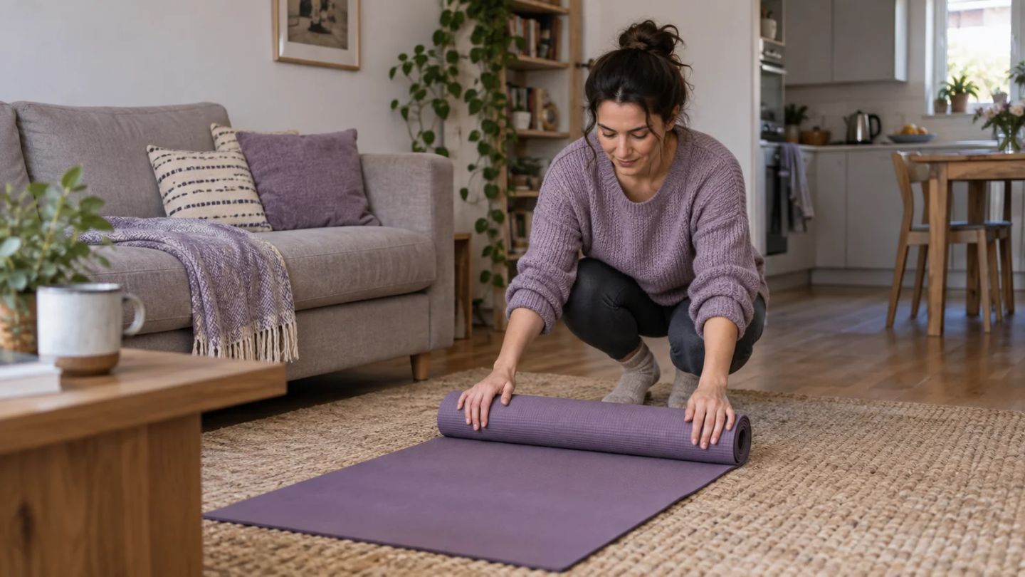 A woman unrolls an exercise mat beside her sofa.