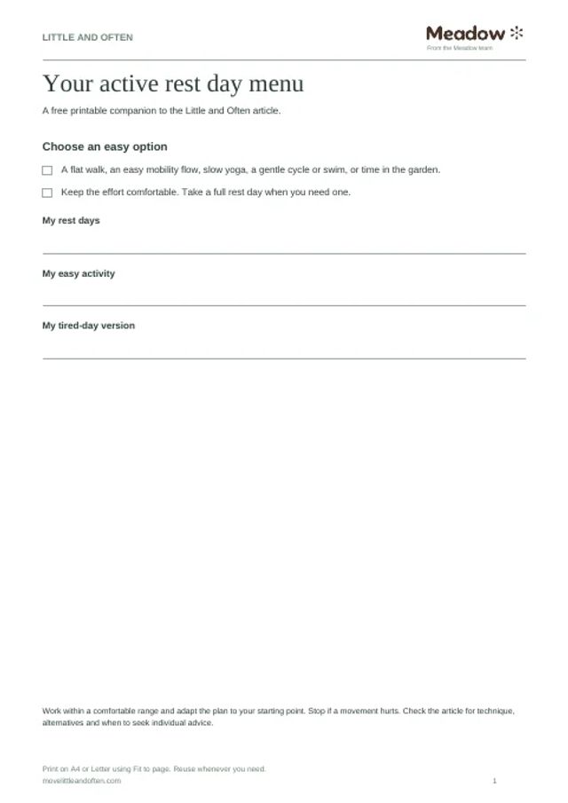 First page of Active rest day menu