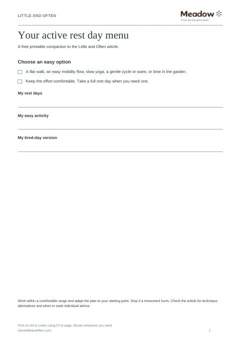 First page of Active rest day menu