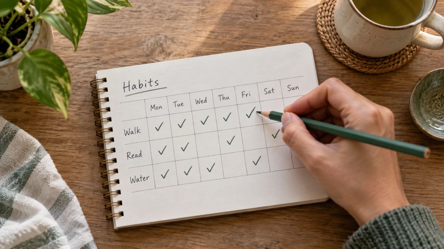 A weekly habit tracker being filled in by hand next to a phone.