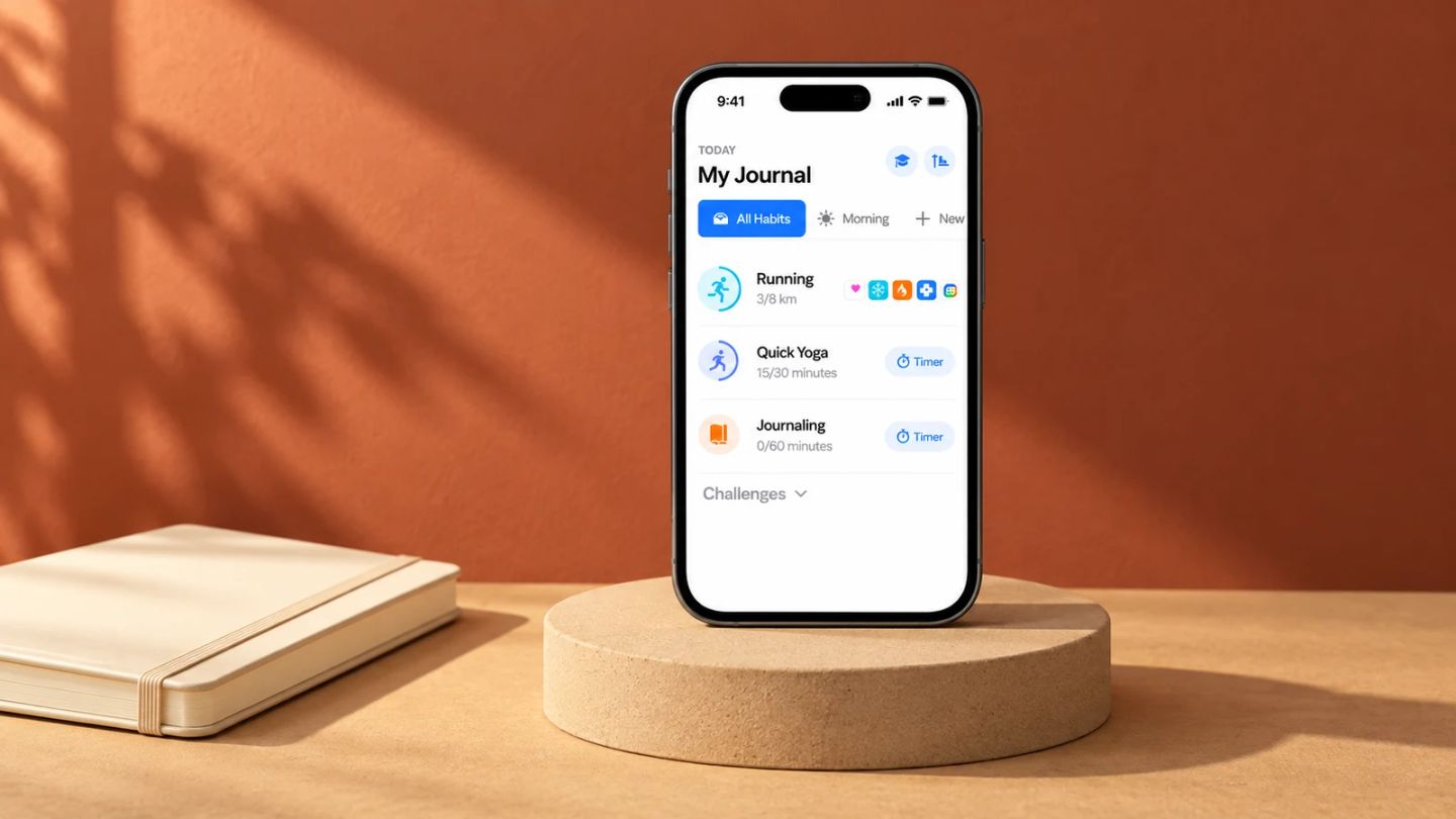 Habitify’s habit list displayed on an iPhone against a terracotta background.