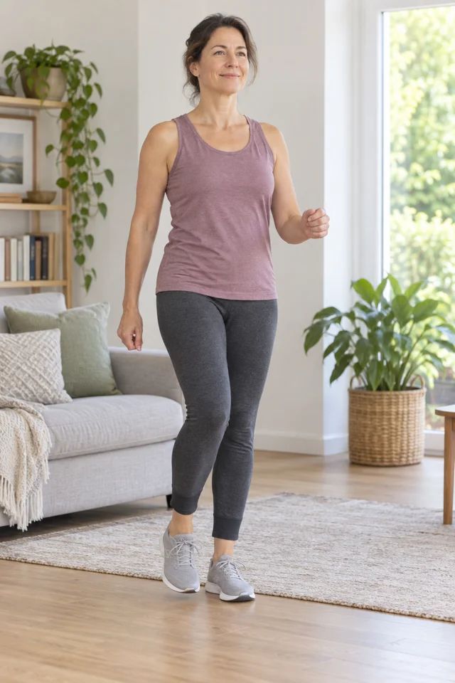 A woman walking gently in place with low steps and a small arm swing.