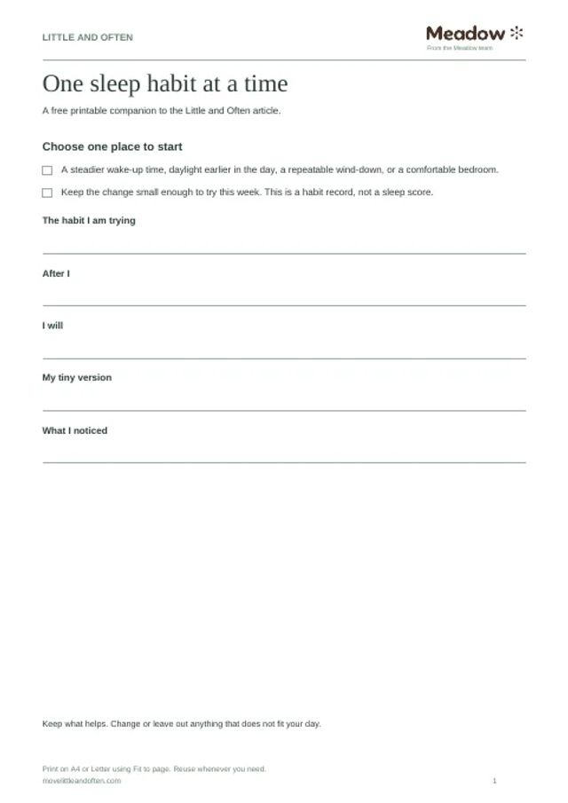 First page of One sleep habit planner