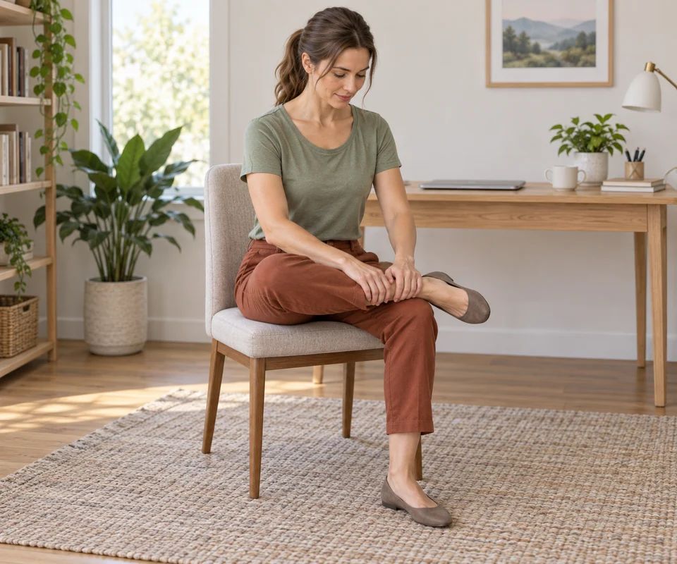 Rest one ankle across the opposite thigh and hinge forward gently.