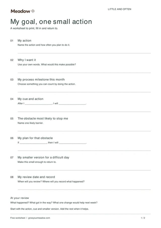 First page of Goal-setting worksheet