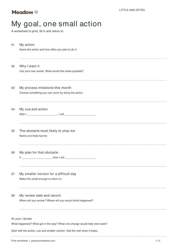 First page of Goal-setting worksheet