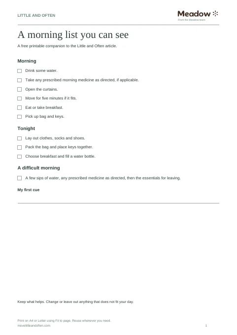 First page of ADHD morning checklist