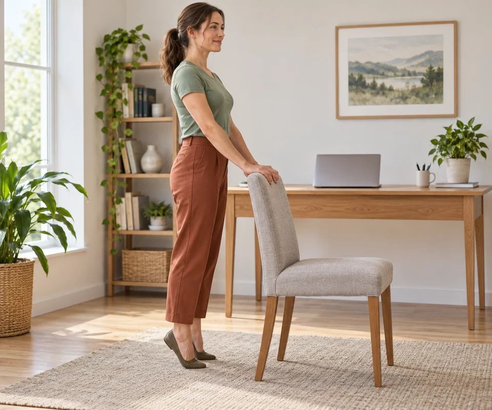 Use a stable chair for balance while raising and slowly lowering both heels.