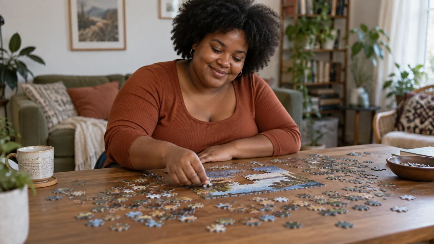 A woman works on one section of an unfinished jigsaw puzzle.