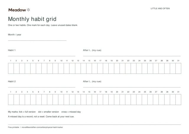 First page of Monthly habit grid