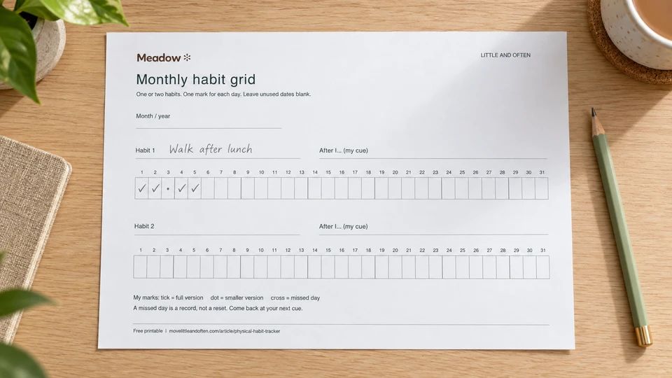 A monthly paper habit grid with two 31-day rows and a few example marks.