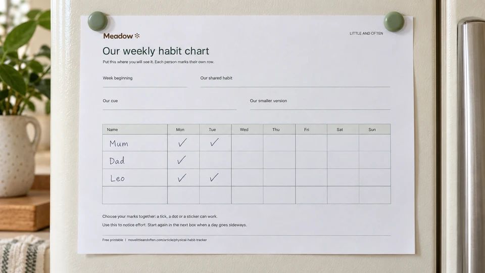 A weekly household habit chart on a fridge, with name rows and Monday-to-Sunday columns.