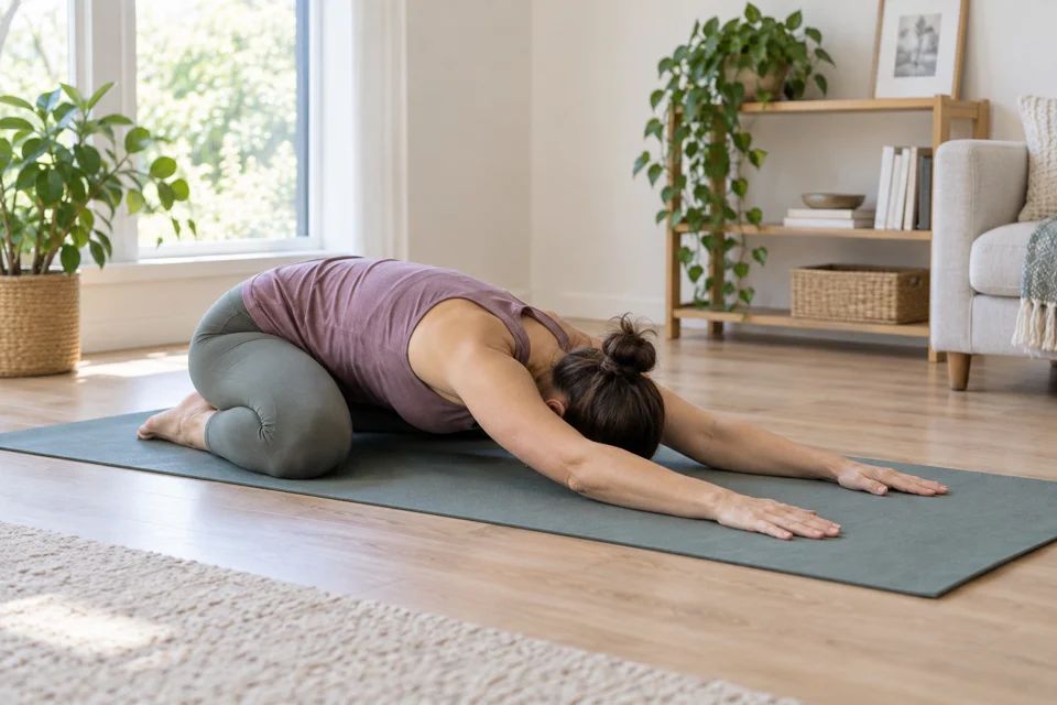 A woman resting back towards her heels in wide-knee child’s pose, with her arms extended.