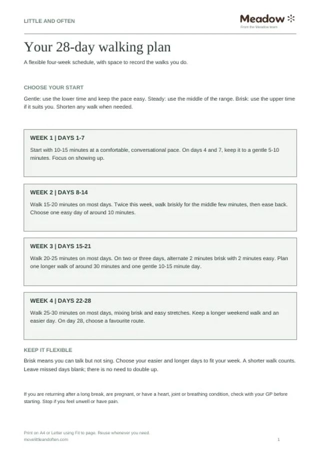 First page of 28-day walking plan and tracker