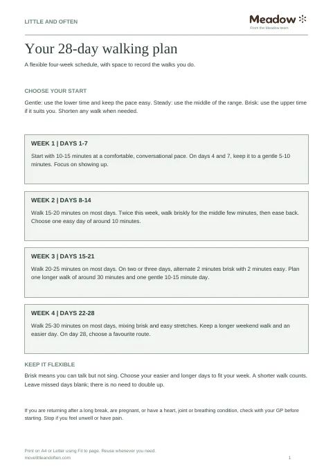 First page of 28-day walking plan and tracker