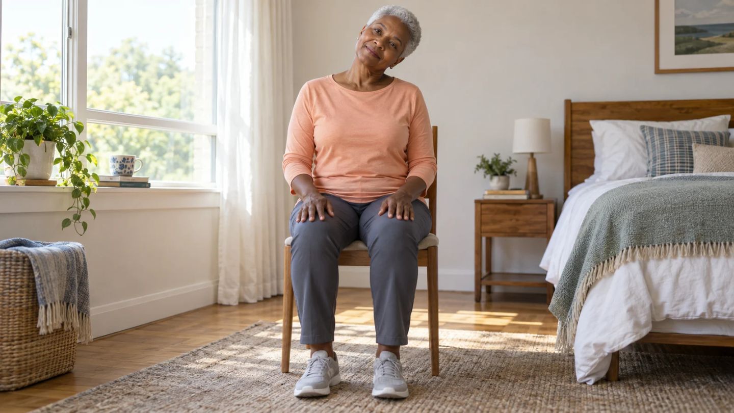 A woman seated on a chair gently tilts her head to one side.