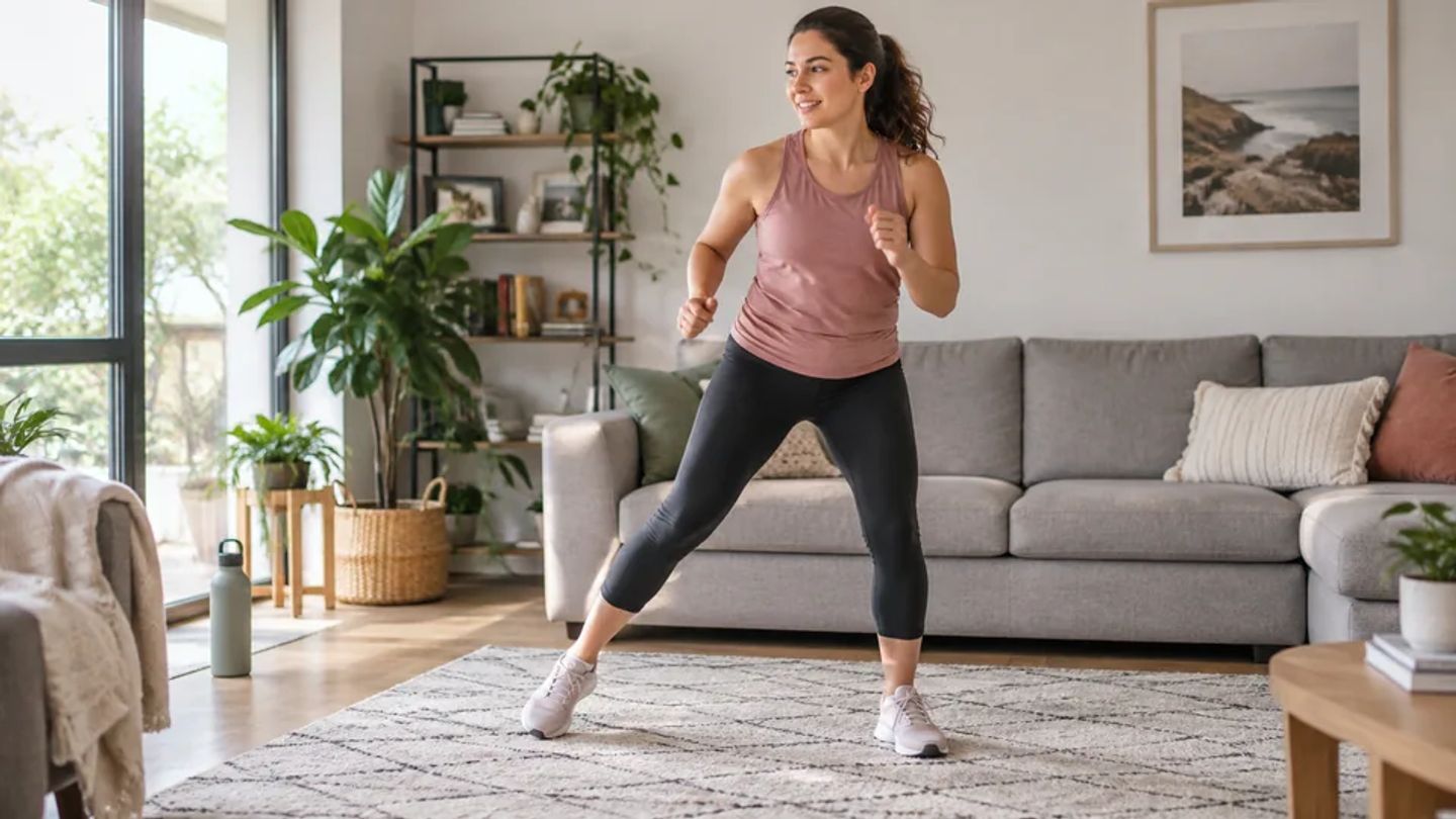 A woman stepping sideways with soft knees and relaxed arm movements.