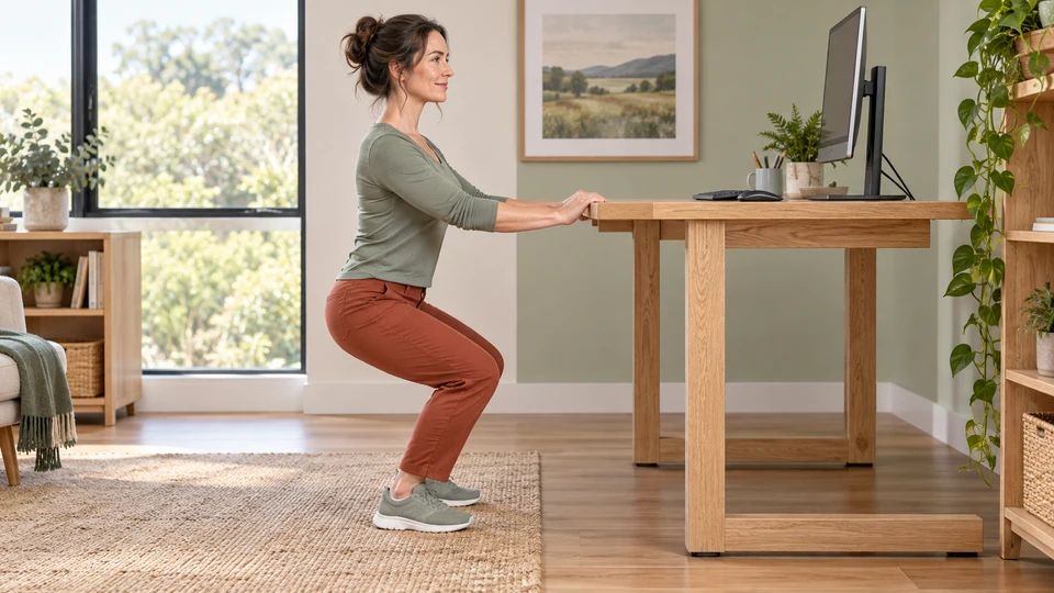 Use light desk support for a comfortable shallow squat.