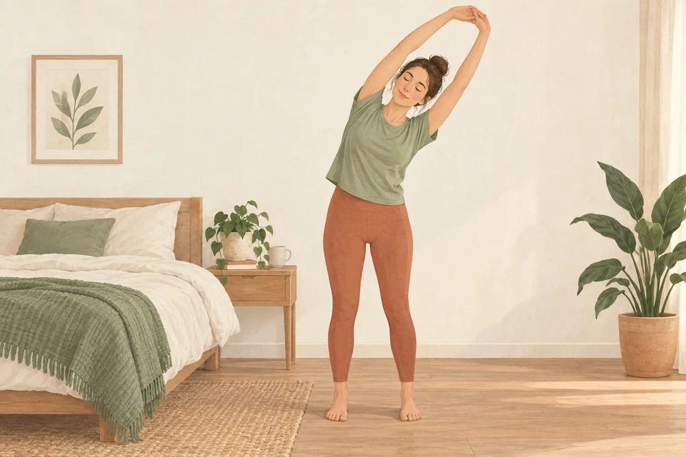 Reach overhead and bend gently to one side, with both feet grounded.