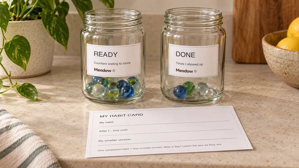 Two jars labelled Ready and Done, containing marbles, with a printable habit card in front.
