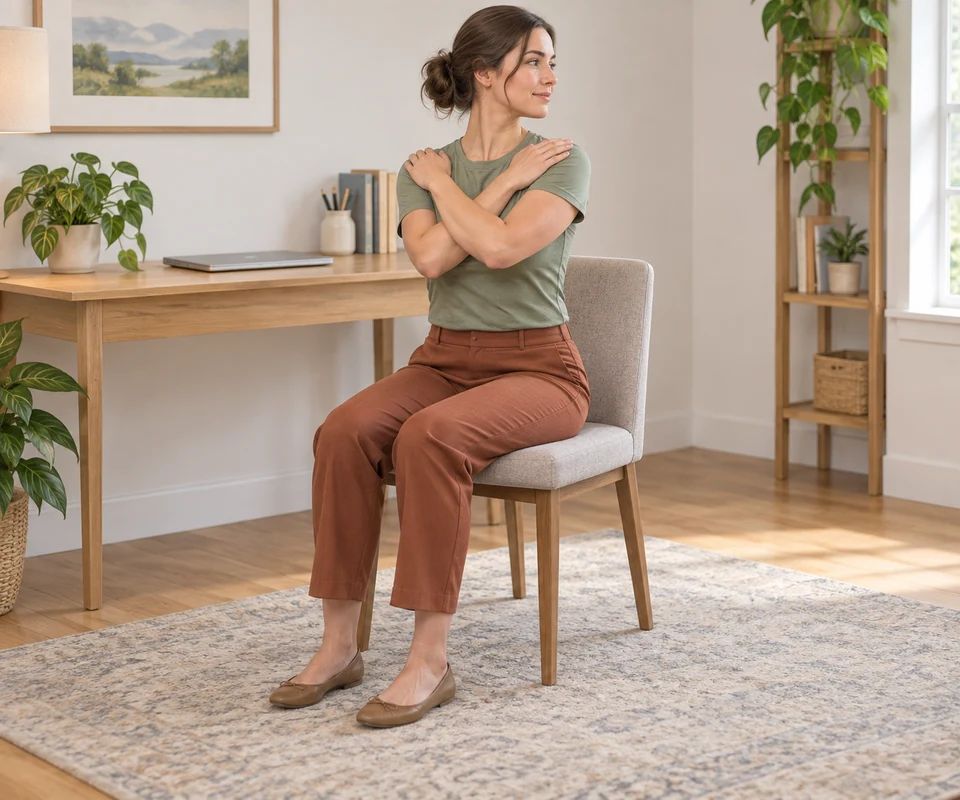 Rest hands on opposite shoulders and rotate the upper body while the hips face forward.