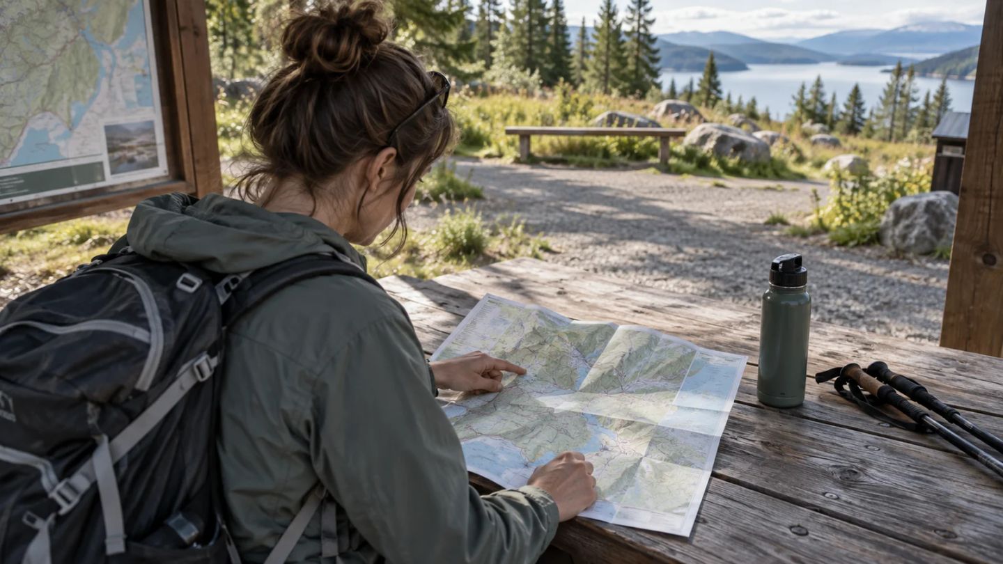 A woman chooses a walking route on a paper map at a park table.