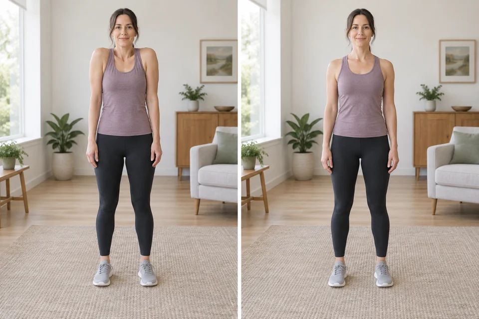 Two positions in a shoulder roll, with the shoulders raised and then lowered.