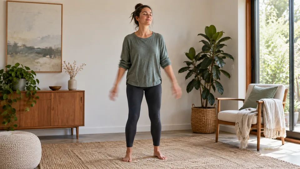 A woman standing with soft knees and loosely shaking her arms and hands.