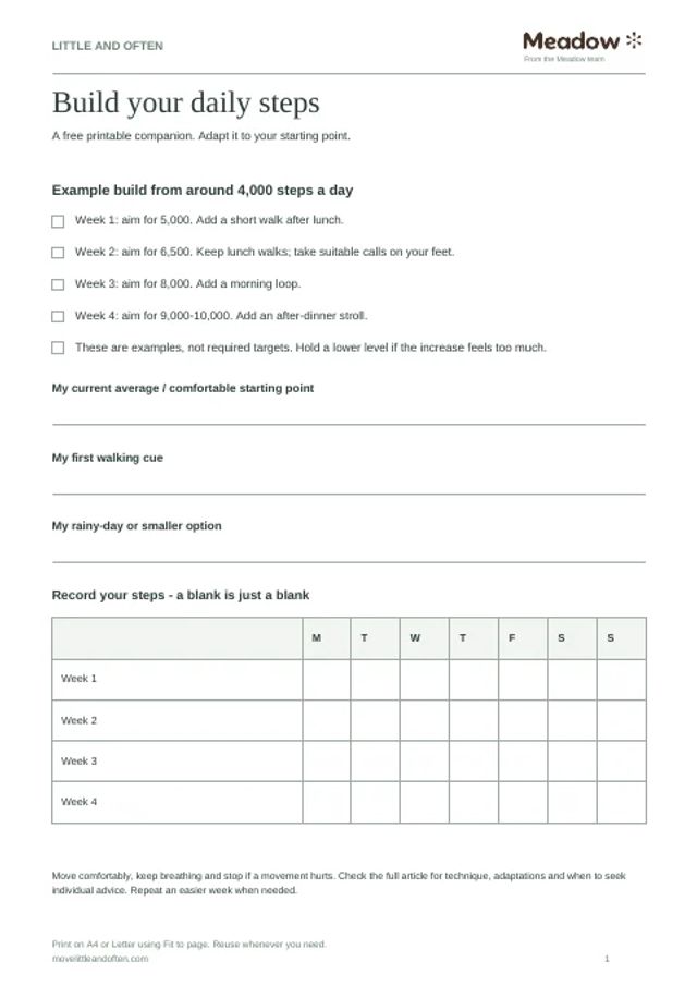First page of Daily steps planner