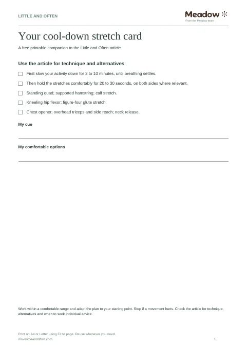 First page of Cool-down stretching card