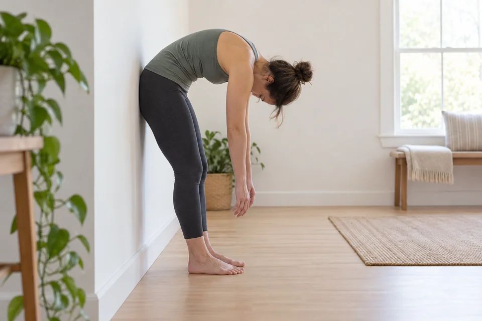A woman rolling her upper body forward while her hips remain against the wall.