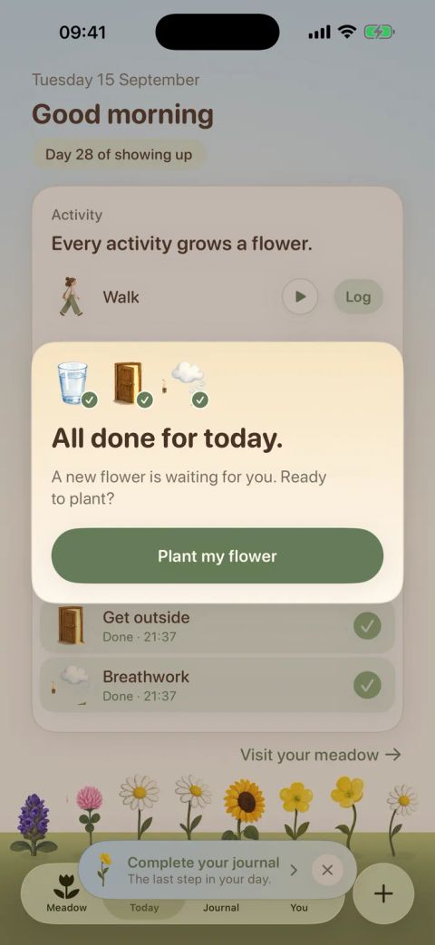 The Meadow app's Today screen with habits done and a flower ready to plant