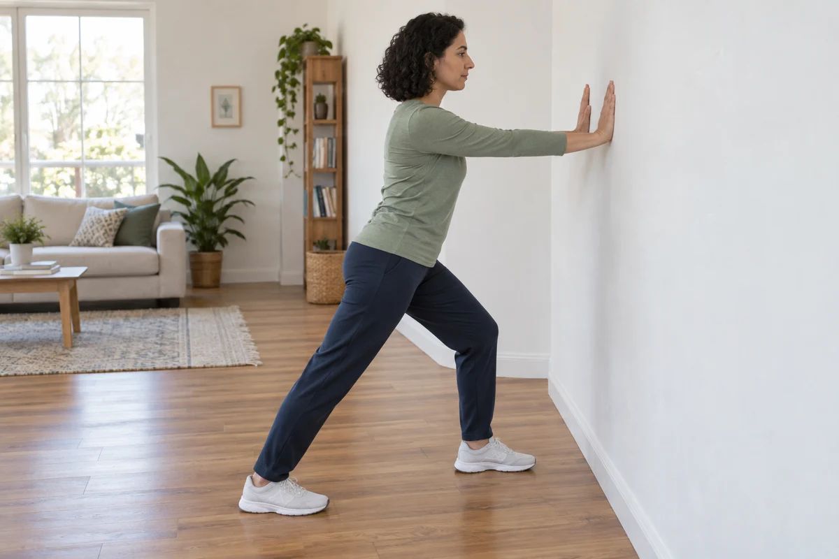 A woman stretches her rear calf against a wall, keeping her back heel on the floor.