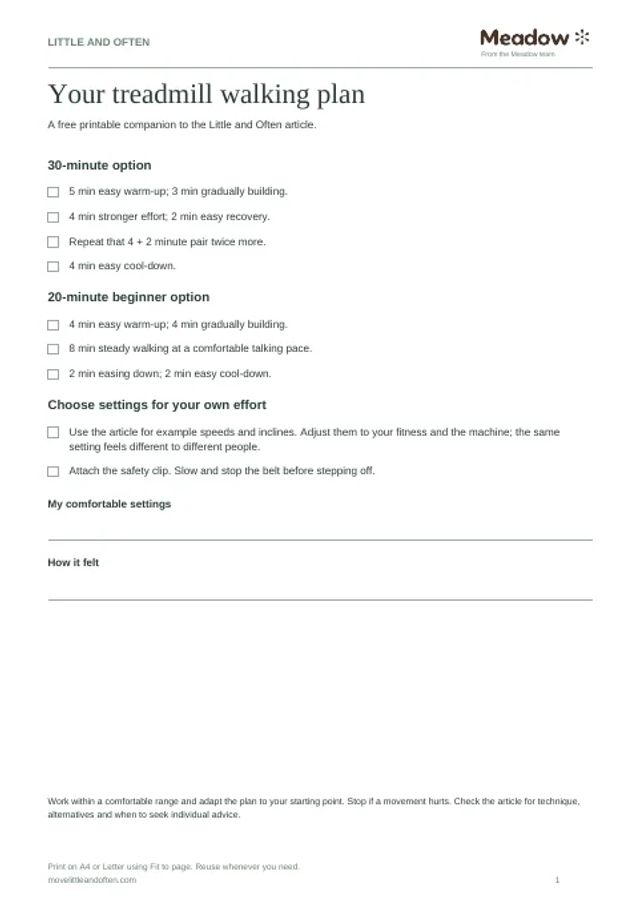 First page of Treadmill walking workout card
