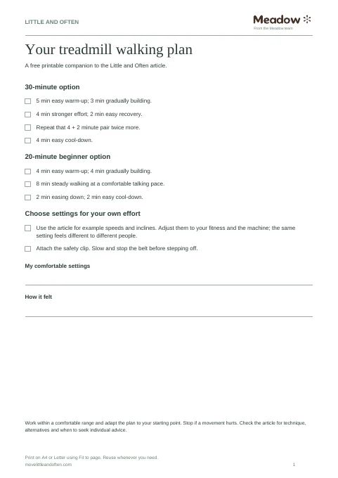 First page of Treadmill walking workout card