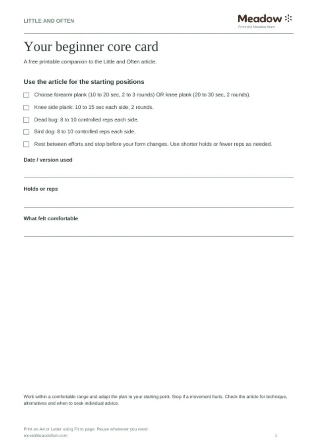 First page of Beginner core workout card