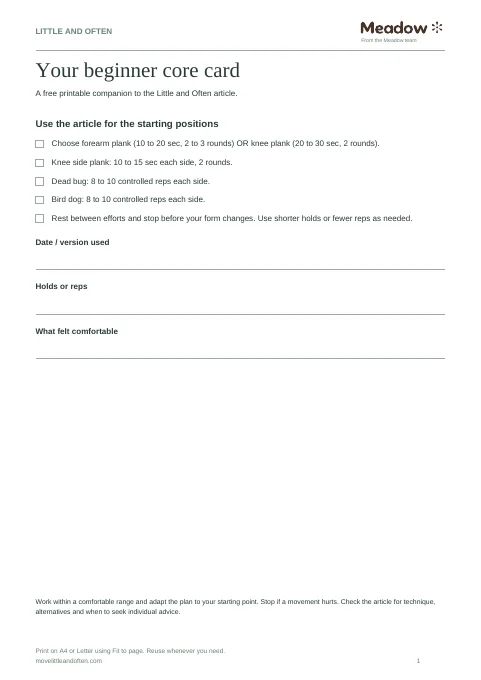 First page of Beginner core workout card