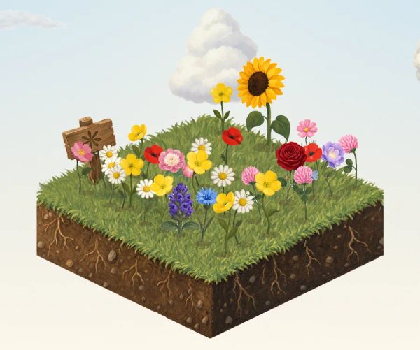 A small wildflower meadow growing on a patch of grass