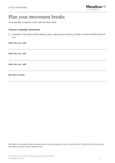 First page of Movement break planner